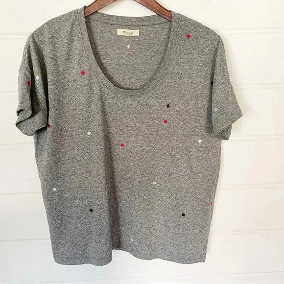 Madewell Gray Embroidered Square Dot Scoop Neck Short Sleeve Oversized Tee XS - Picture 4 of 8